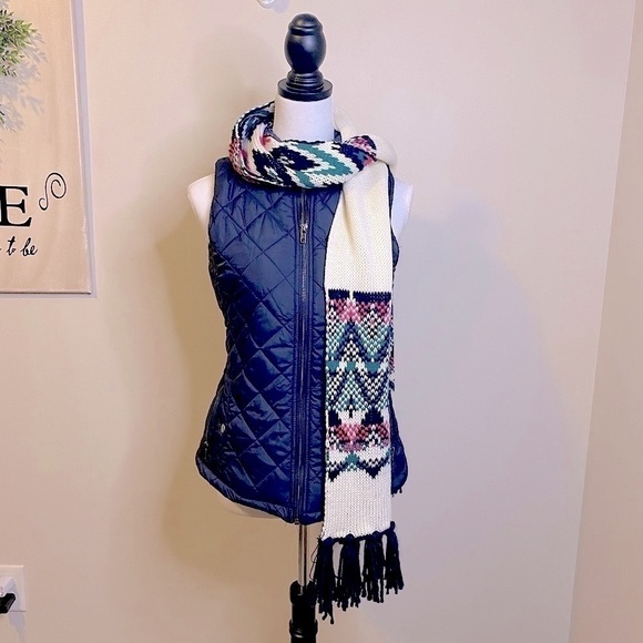NWT Old Navy Warm Knit Fair Isle Scarf || 80” Long || Ivory w/ Pink Blue Green - Picture 6 of 14